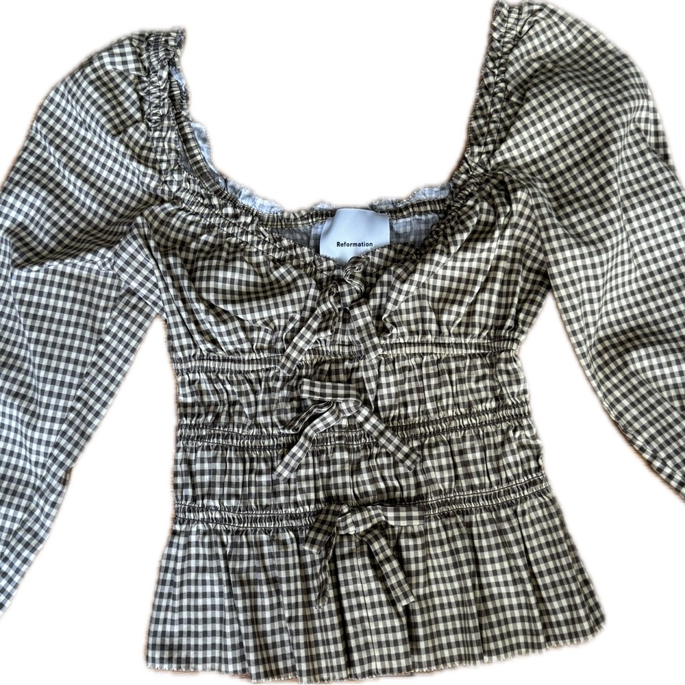 Reformation Tan and Cream Gingham Blouse